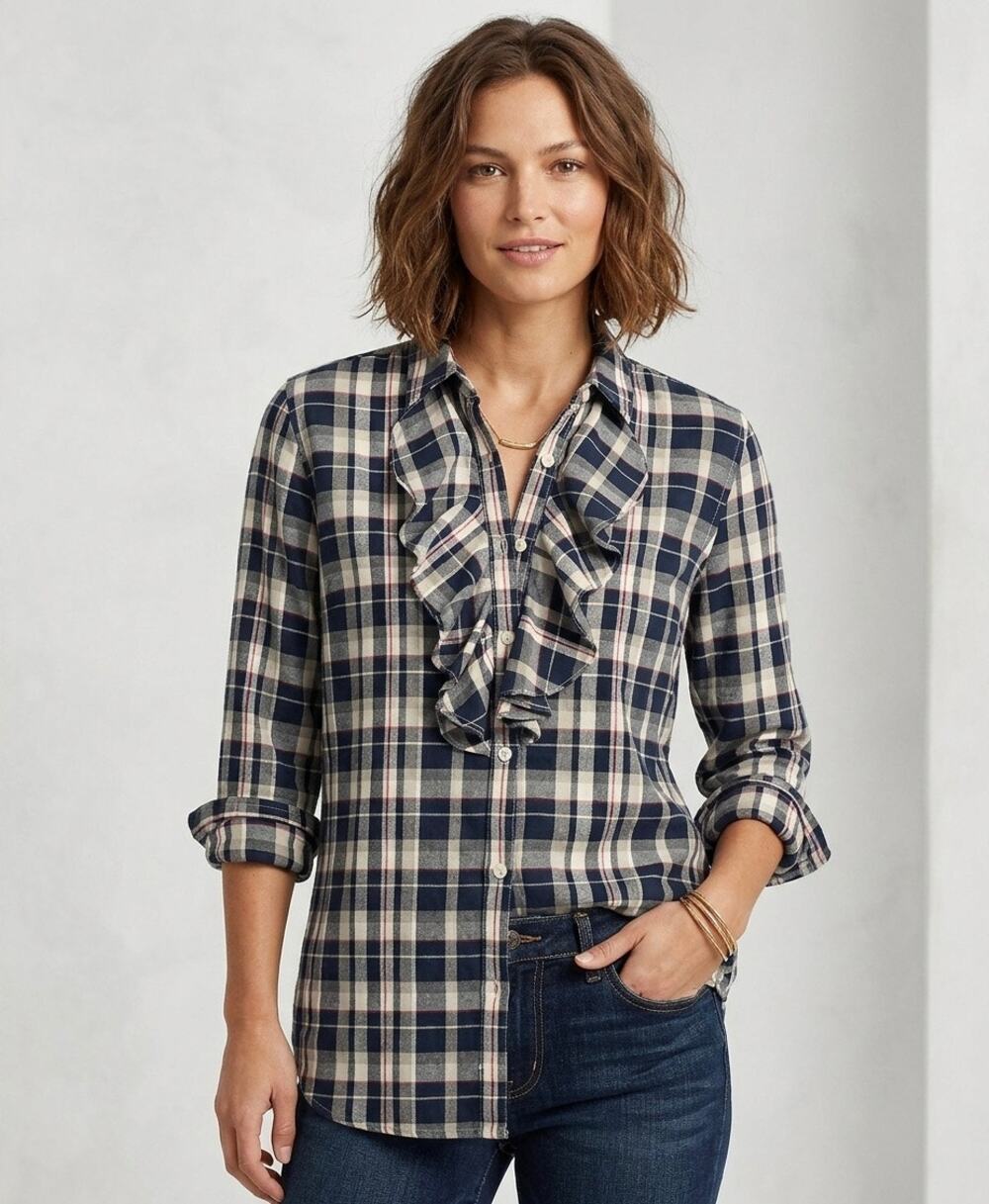 LAUREN RALPH LAUREN Ruffle Front Twee Academia Preppy Plaid Button Up Shirt XL